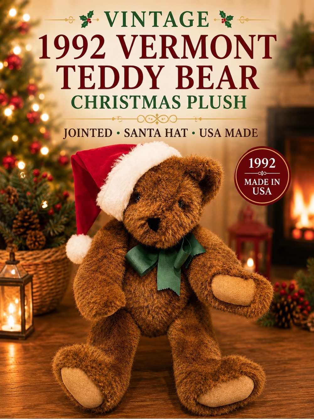 Vintage 1992 Vermont Teddy Bear Christmas Plush Jointed Santa Hat USA Made